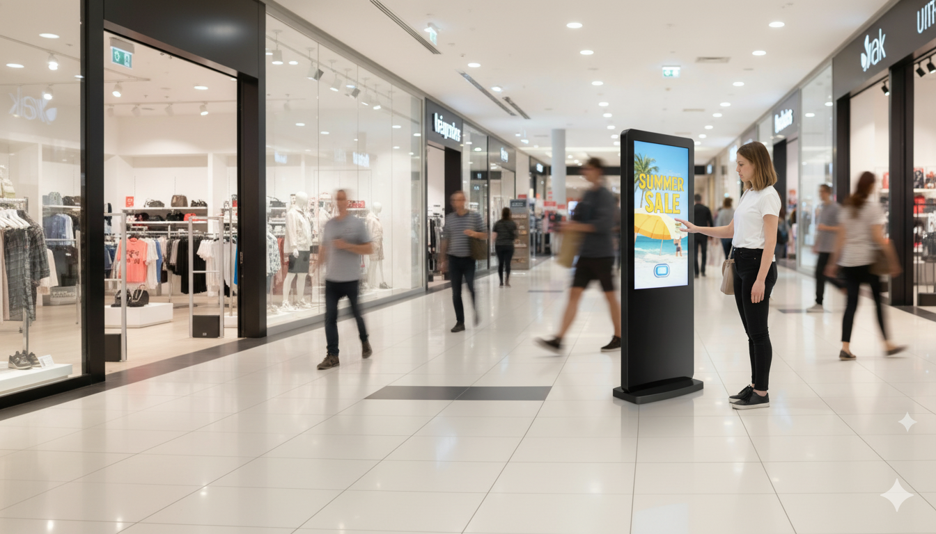 Digital signage totem in shopping centre